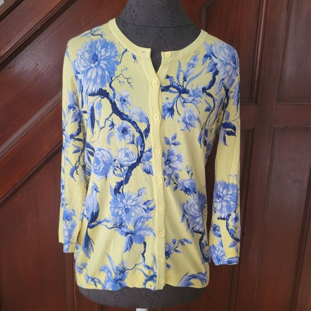 Talbots Womens Floral & Bird Print Cardigan Yellow & Blue Size S - Picture 1 of 7